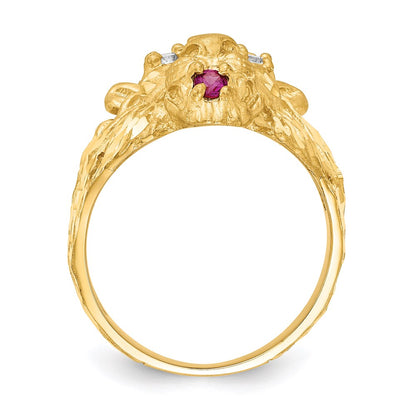 14K Yellow Gold Lion with CZ Eyes and Red Synthetic Tongue Ring