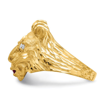 14K Yellow Gold Lion with CZ Eyes and Red Synthetic Tongue Ring