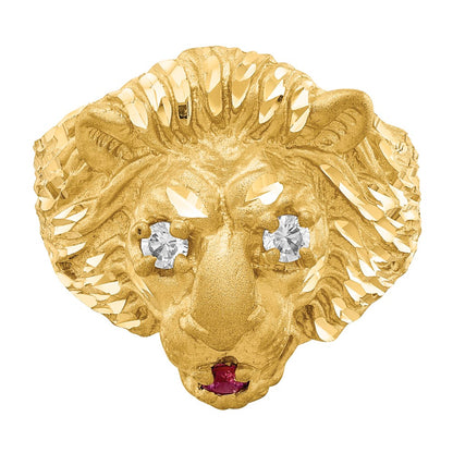 14K Yellow Gold Lion with CZ Eyes and Red Synthetic Tongue Ring