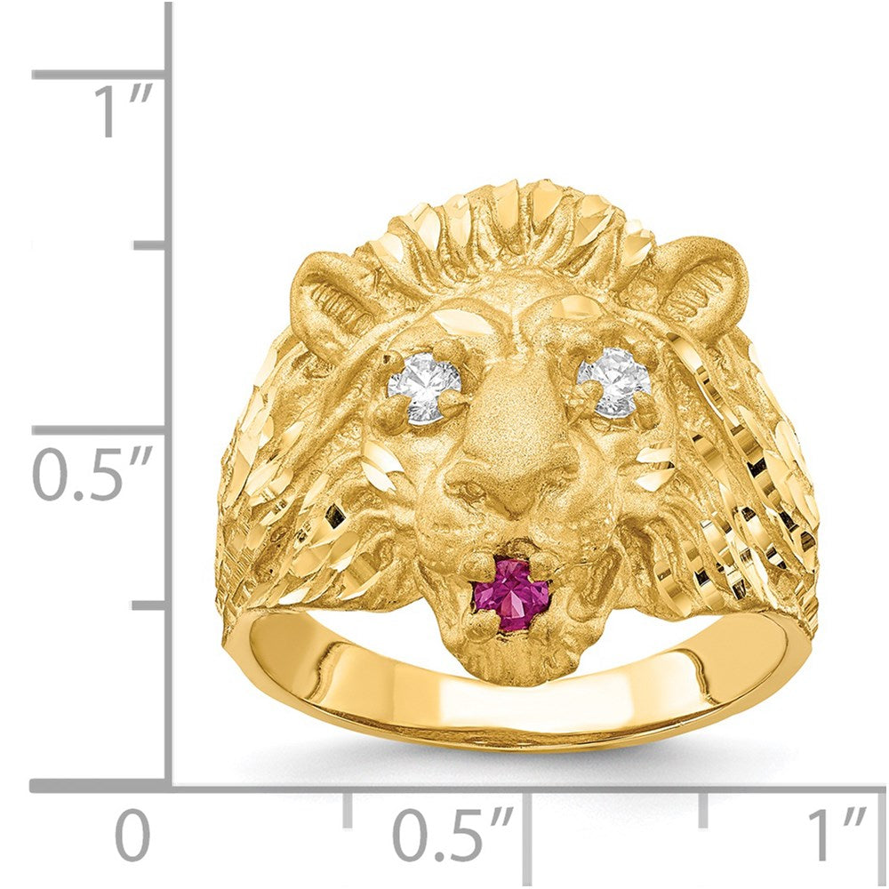 14K Yellow Gold Lion with CZ Eyes and Red Synthetic Tongue Ring