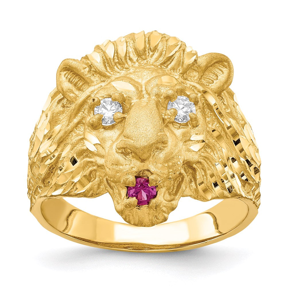14K Yellow Gold Lion with CZ Eyes and Red Synthetic Tongue Ring