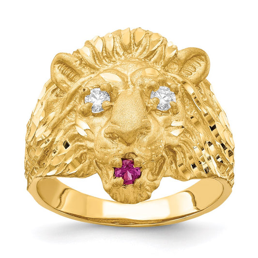 14K Yellow Gold Lion with CZ Eyes and Red Synthetic Tongue Ring