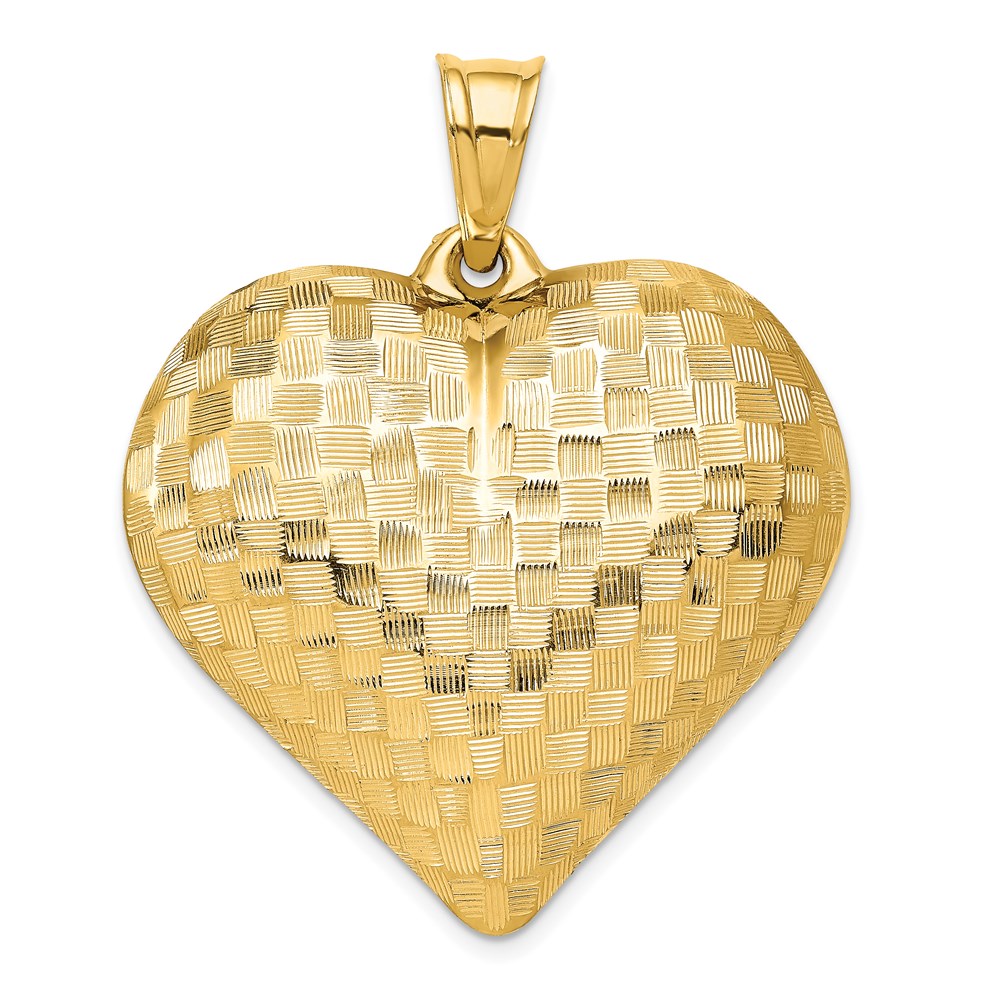 14k Yellow Gold Polished Basket Weave Pattern 3-D Heart Pendant
