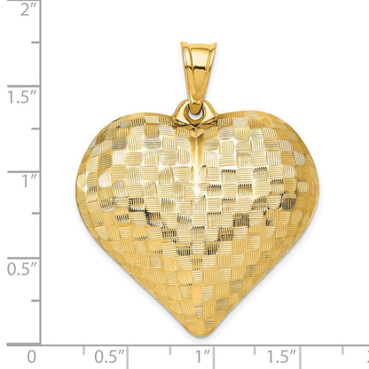 14k Yellow Gold Polished Basket Weave Pattern 3-D Heart Pendant