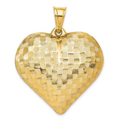 14k Yellow Gold Polished Basket Weave Pattern 3-D Heart Pendant
