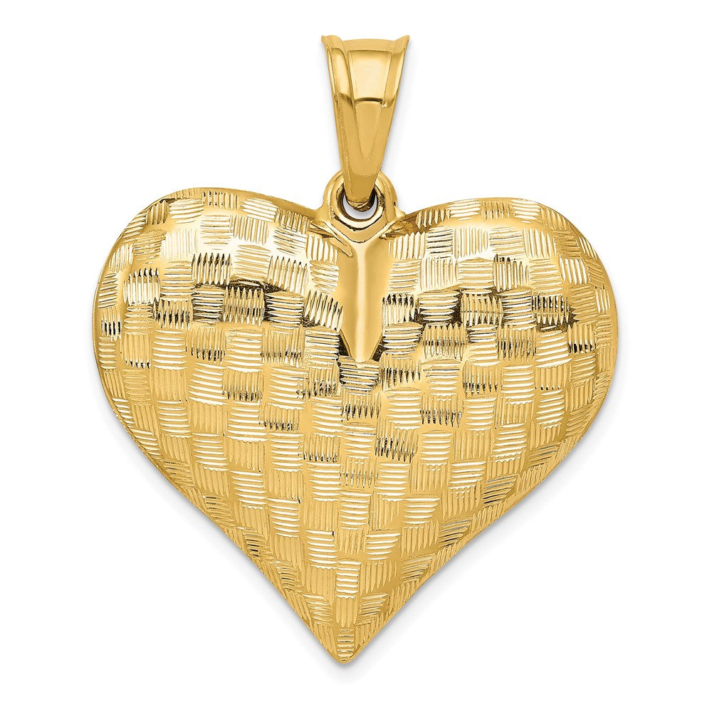 14k Yellow Gold Polished Basket Weave Pattern 3-D Heart Pendant