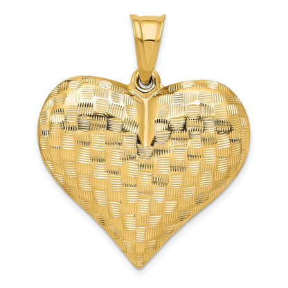 14k Yellow Gold Polished Basket Weave Pattern 3-D Heart Pendant