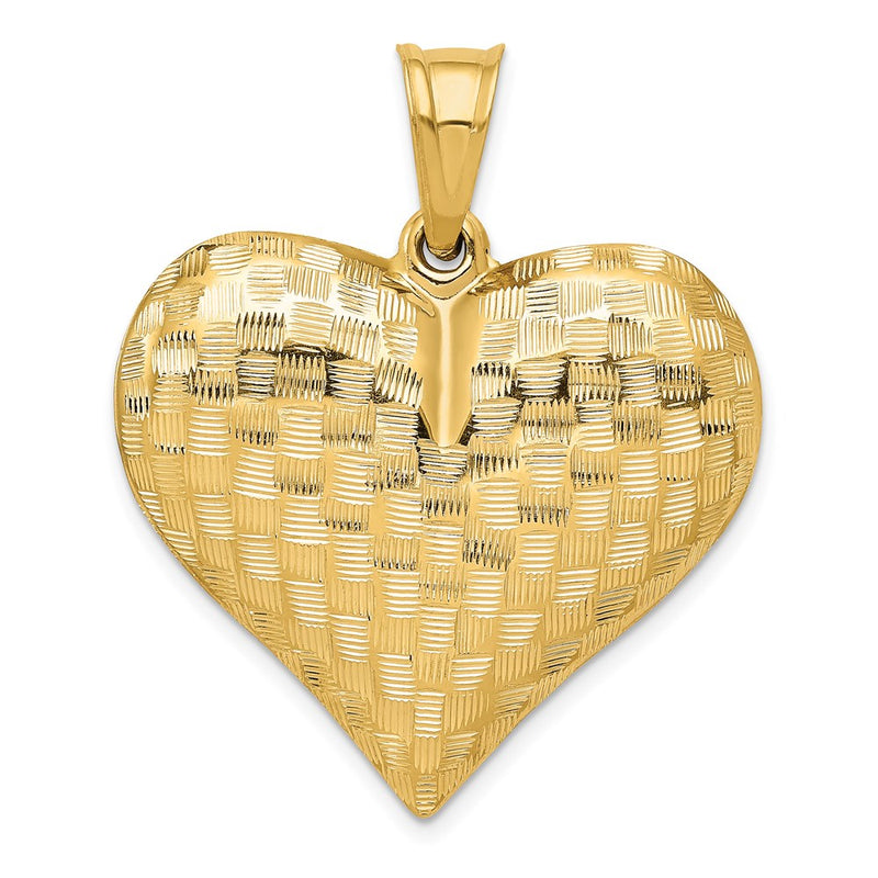 14k Yellow Gold Polished Basket Weave Pattern 3-D Heart Pendant