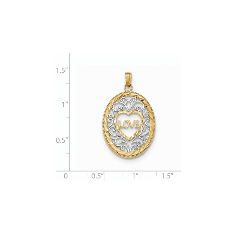 14k Yellow & Rhodium Gold w/Rhodium Filigree LOVE Oval Pendant