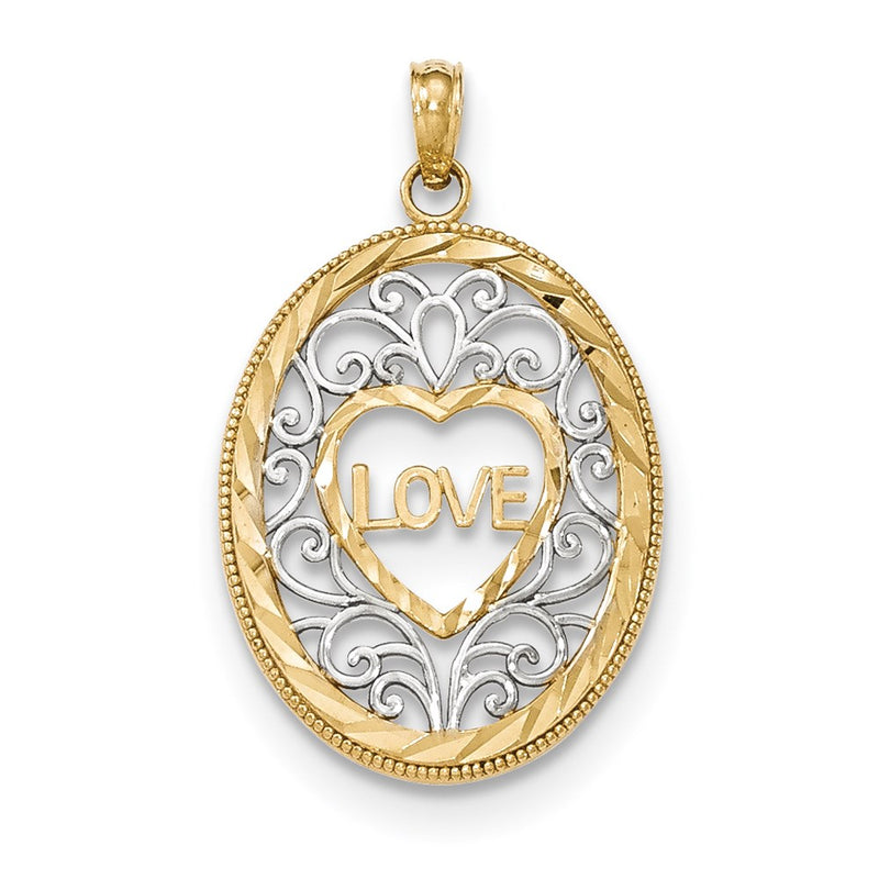 14k Yellow & Rhodium Gold w/Rhodium Filigree LOVE Oval Pendant