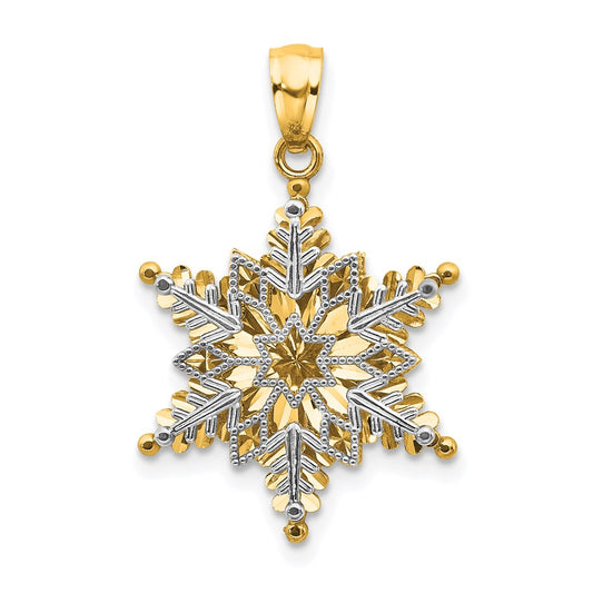 14k Two-tone Gold Polished and Textured 2 Level Snowflake Pendant