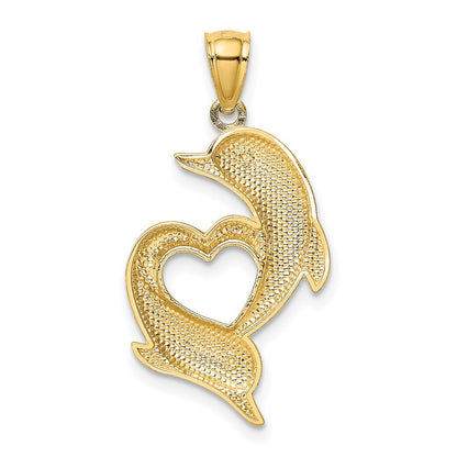 14k Yellow Gold Gold Polished and Textured Dolphins W/Heart Pendant