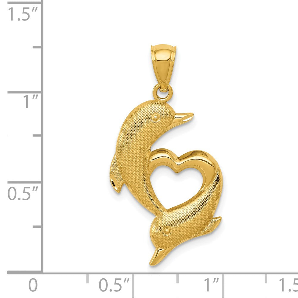 14k Yellow Gold Gold Polished and Textured Dolphins W/Heart Pendant