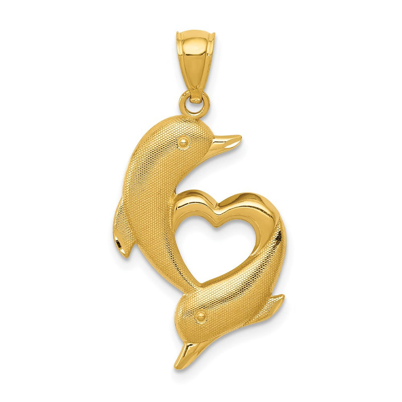 14k Yellow Gold Gold Polished and Textured Dolphins W/Heart Pendant
