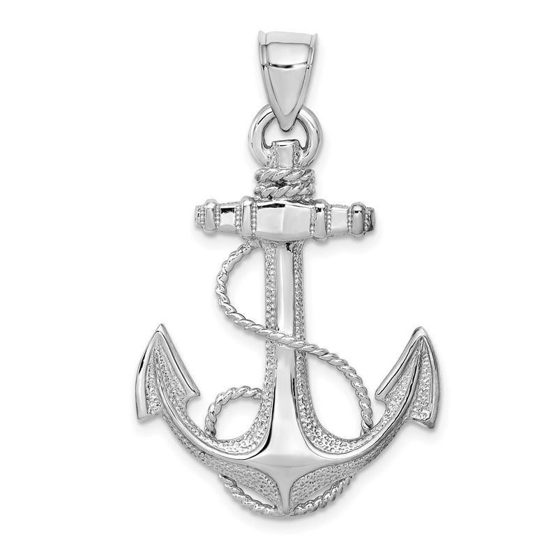 14k White Gold Polished & Textured Anchor w/ Rope Pendant