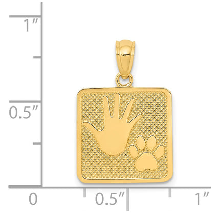 14k Yellow Gold Gold Polished Textured Hand and Paw Print Square Pendant