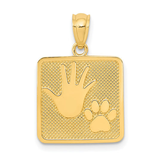 14k Yellow Gold Gold Polished Textured Hand and Paw Print Square Pendant