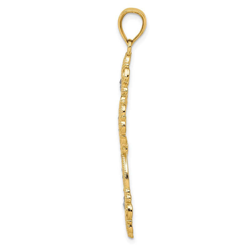 14k Yellow & Rhodium Gold w/Rhodium Polished Textured Diamond Pattern Cross Pendant