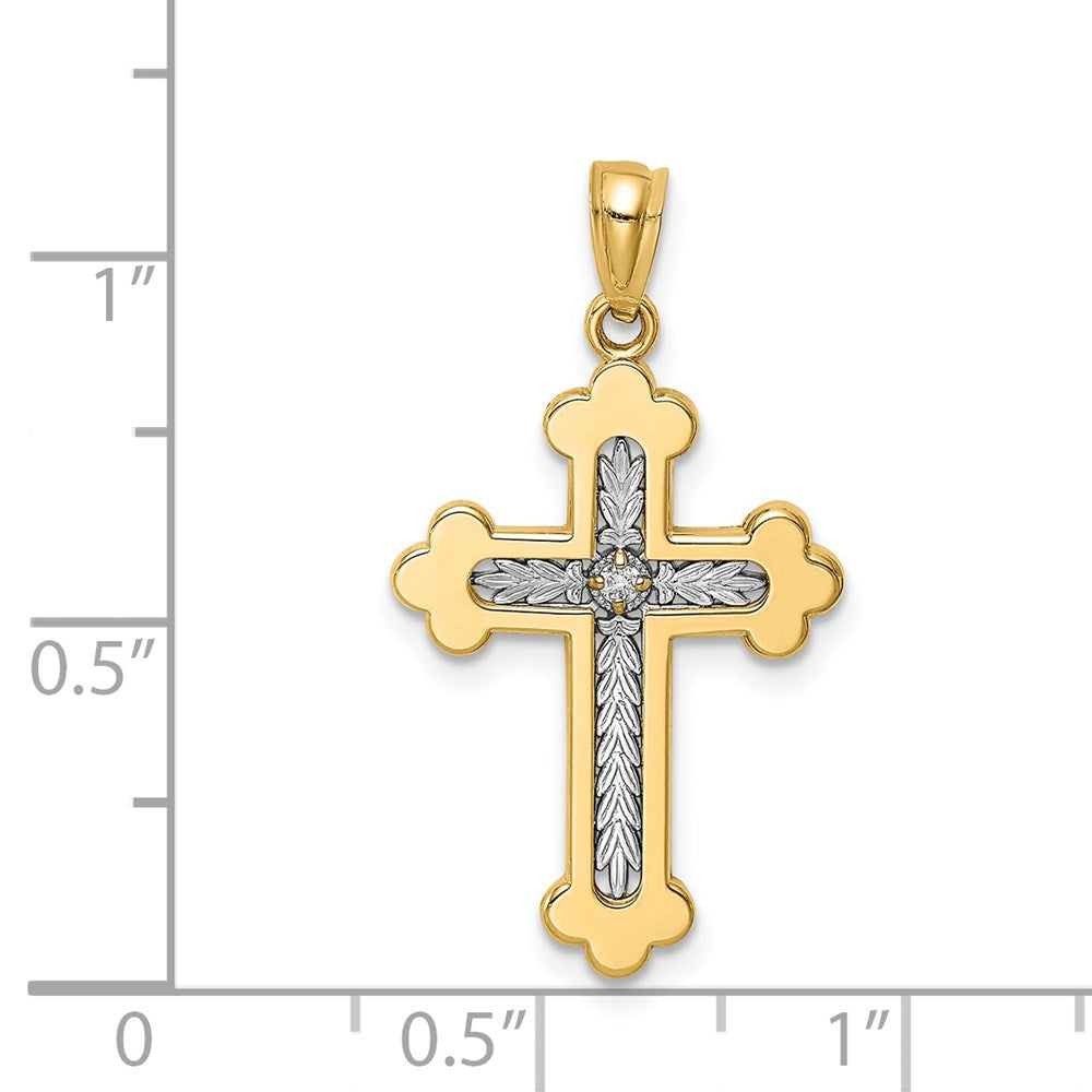 14k Y/W Gold Polished Budded Cross with .015 Diamond Pendant