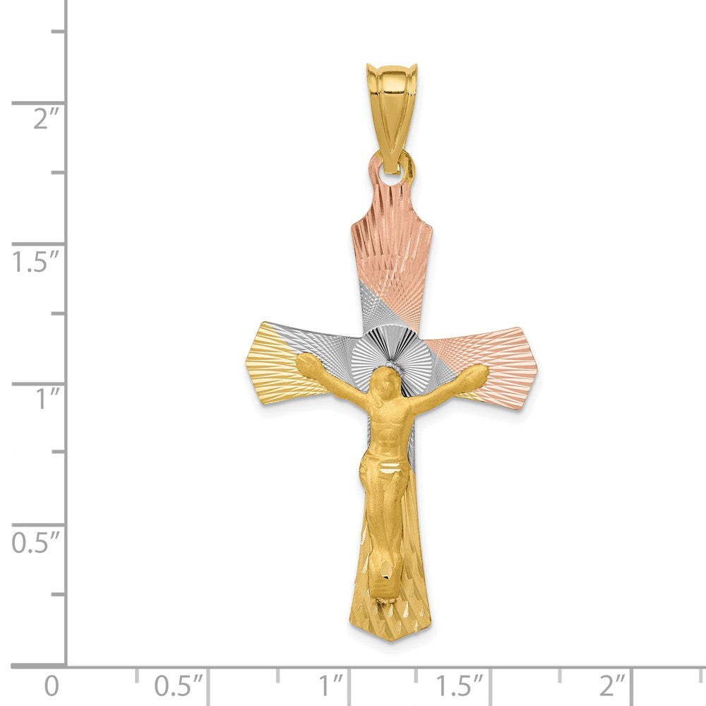 14k Yellow & Rhodium Gold w/Rose and White Rhodium Crucifix Cross Pendant