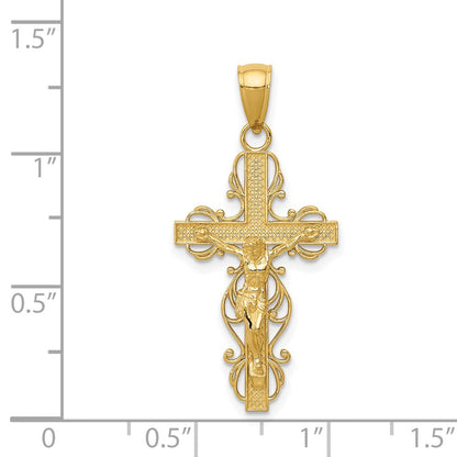 14k Yellow Gold Polished Crucifix W/Lace Trim Pendant