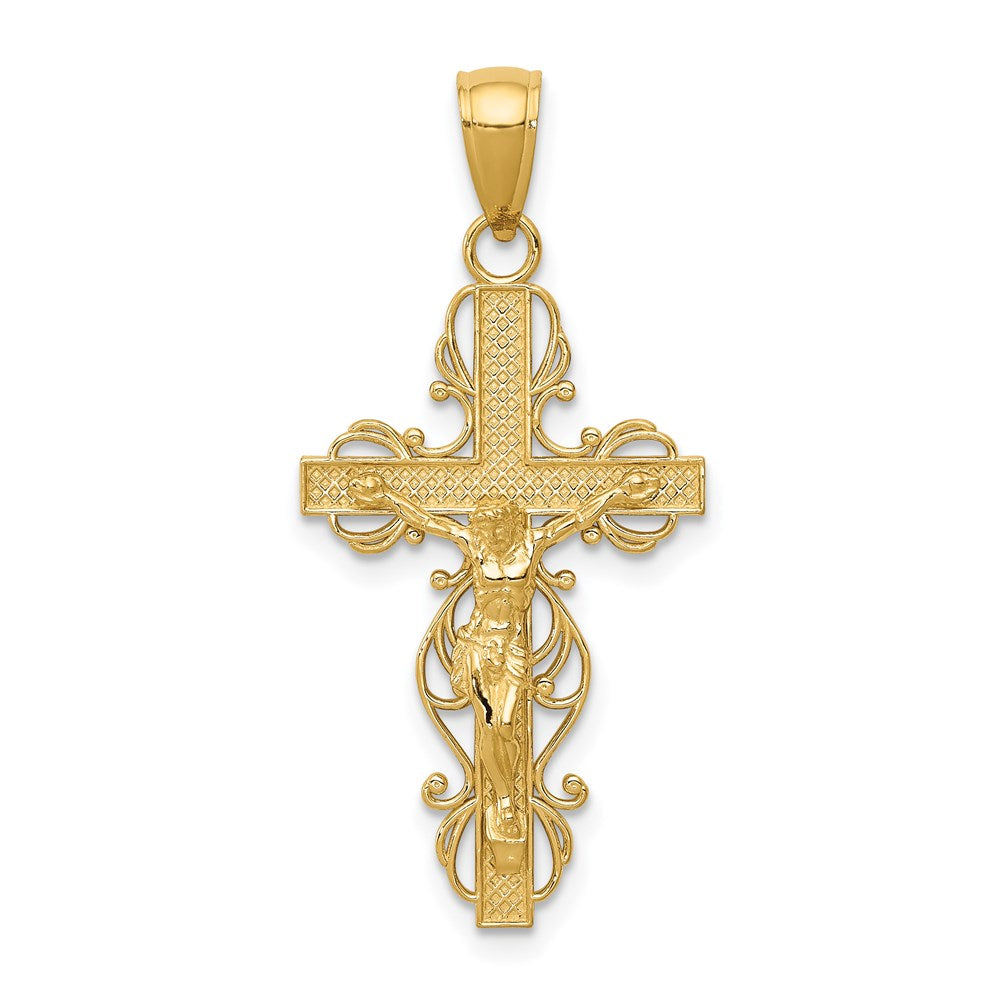 14k Yellow Gold Polished Crucifix W/Lace Trim Pendant
