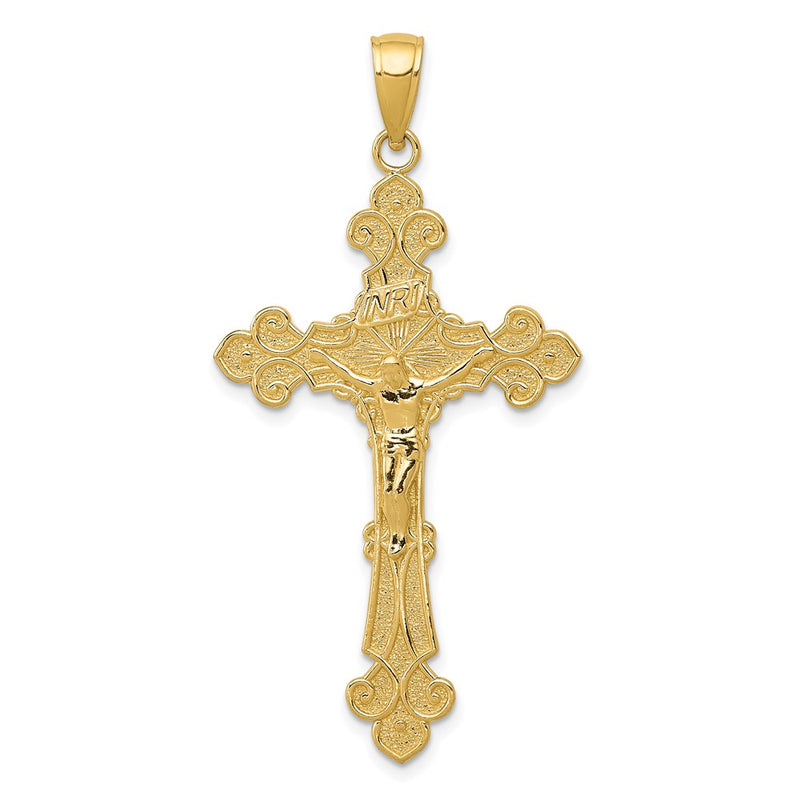 14k Yellow Gold Polished Textured INRI Crucifix Fleur de Lis Pendant