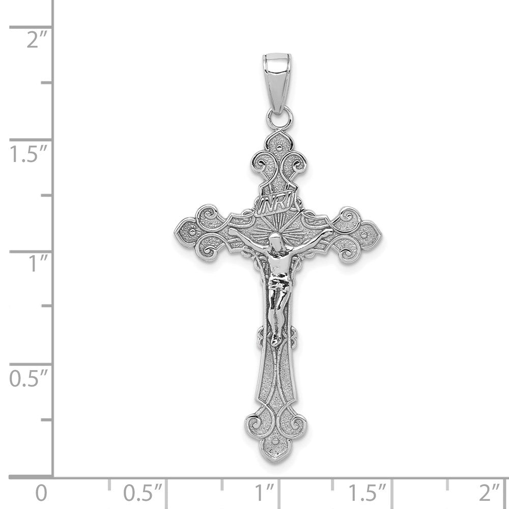14k White Gold Polished INRI Crucifix Fleur di Lis Pendant
