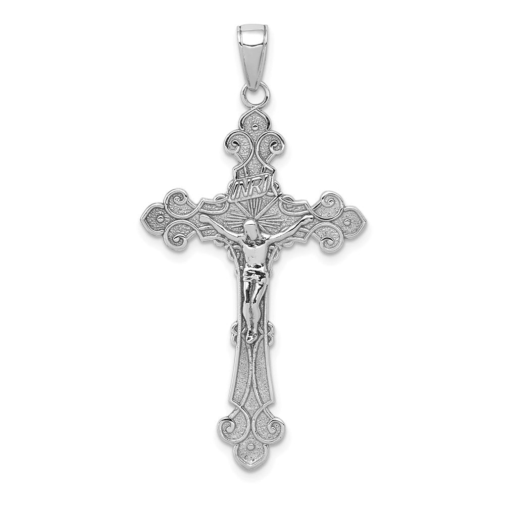 14k White Gold Polished INRI Crucifix Fleur di Lis Pendant