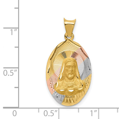 14k Yellow & Rhodium Gold w/Rose and White Rhodium D/C Sagrado Corazon Oval Pendant