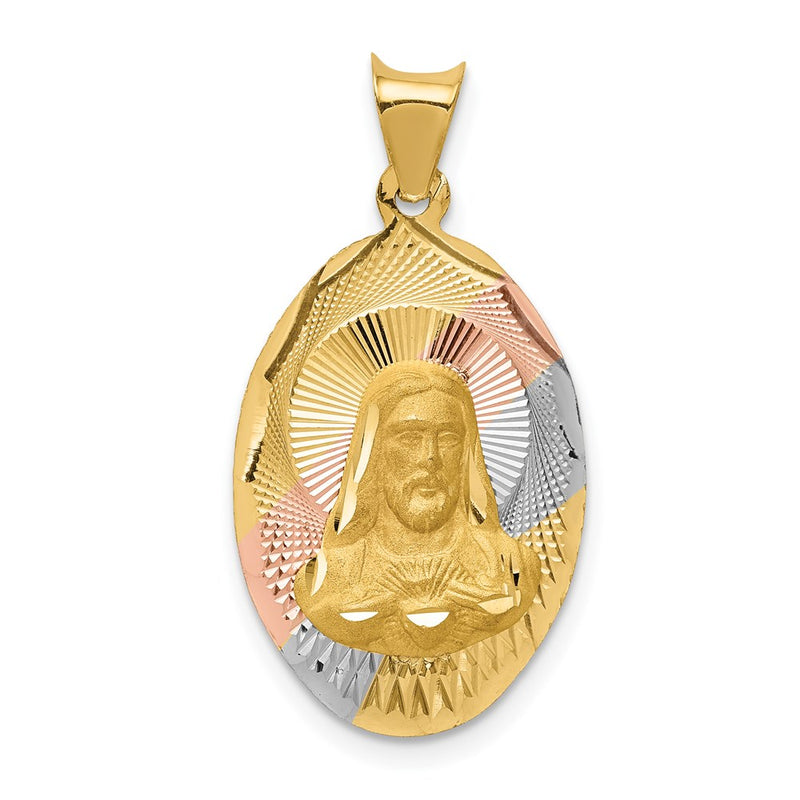 14k Yellow & Rhodium Gold w/Rose and White Rhodium D/C Sagrado Corazon Oval Pendant
