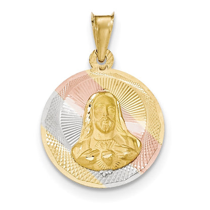 14k Yellow & Rhodium Gold & Rhodium Polished & D/C Sagrado Corazon Circle Pendant