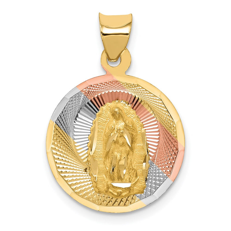 14k Yellow & Rhodium Gold w/Rhodium Polished D/C Lady Of Guadalupe Circle Pendant