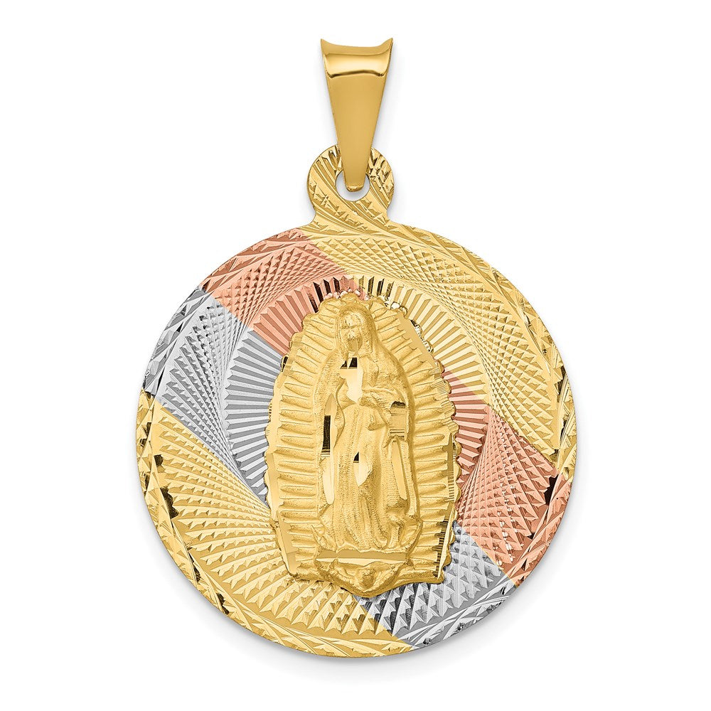 14k Yellow & Rhodium Gold w/Rhodium Polished D/C Lady Of Guadalupe Circle Pendant
