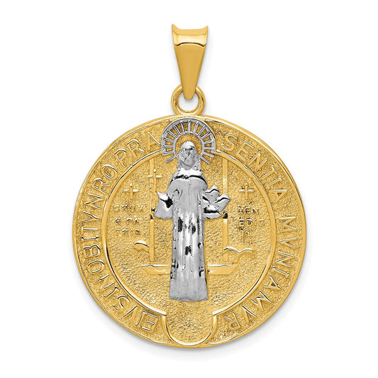 14k Yellow & Rhodium Gold With Rhodium Circle St. Benedict Medal Pendant