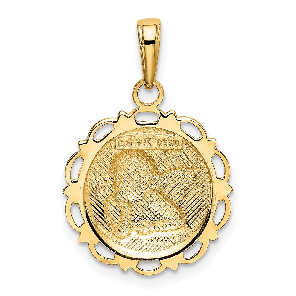 14k Yellow Gold Polished Angel On Round Scallop Frame Pendant