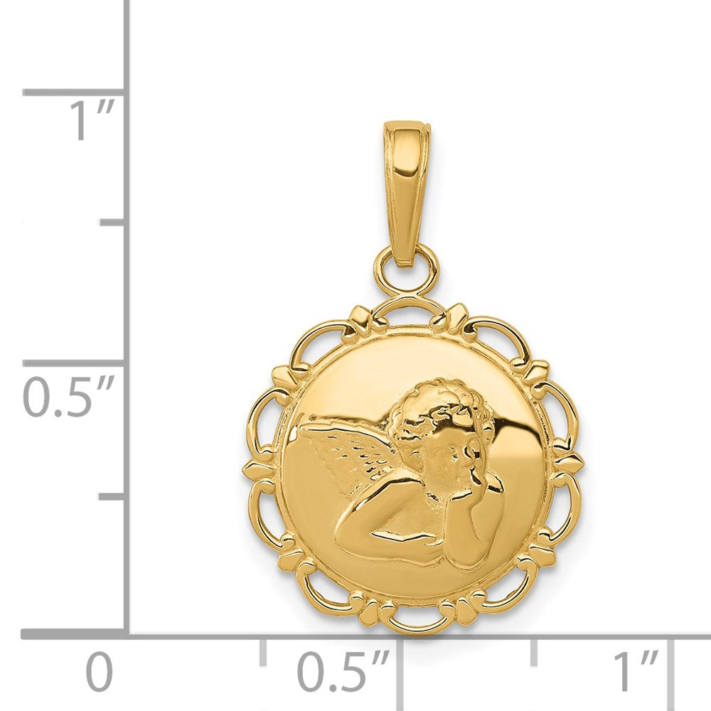 14k Yellow Gold Polished Angel On Round Scallop Frame Pendant