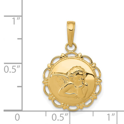 14k Yellow Gold Polished Angel On Round Scallop Frame Pendant