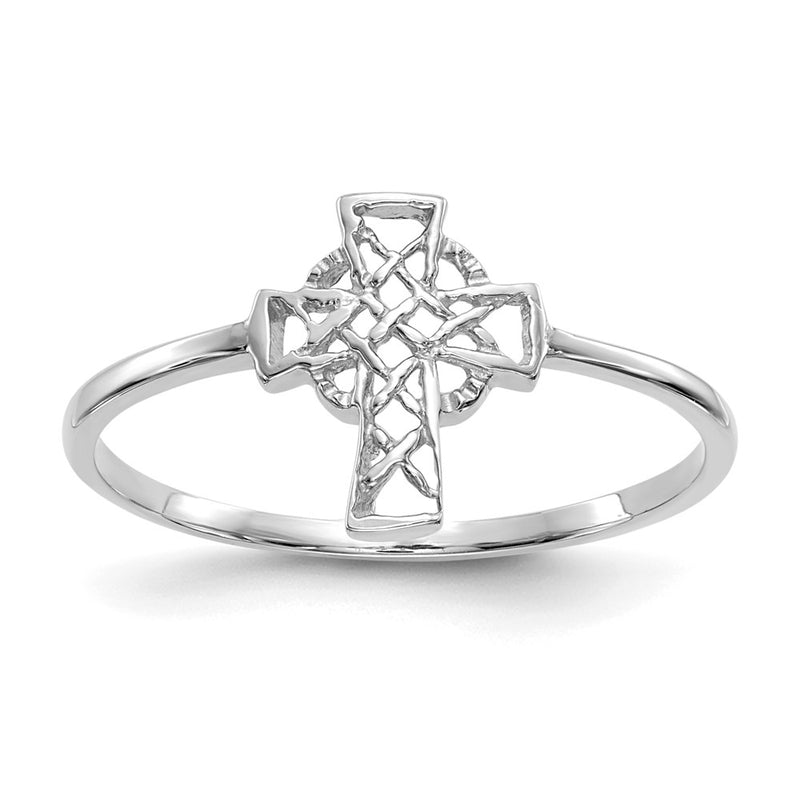 14k White Gold Polished Celtic Design Cross Ring