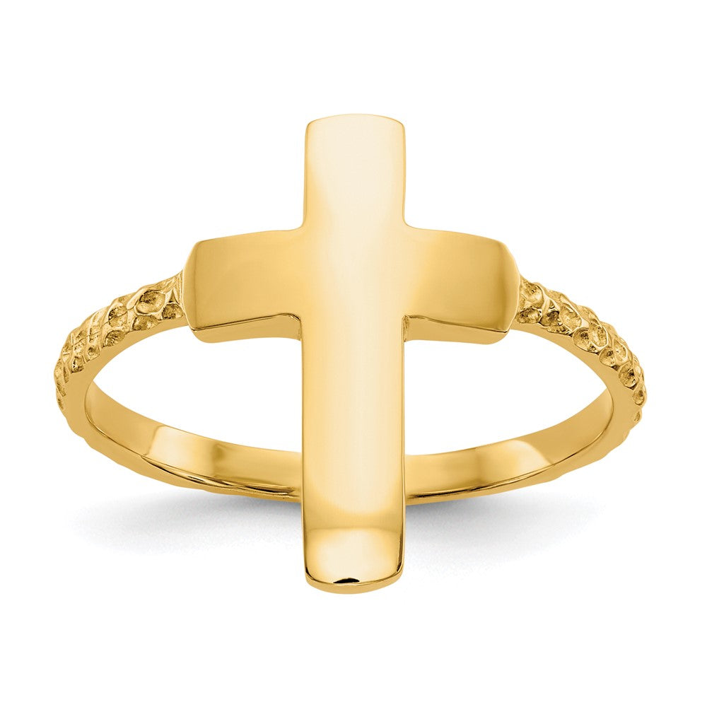14K Yellow Gold Polished Textured Cross Ring