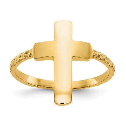 14K Yellow Gold Polished Textured Cross Ring