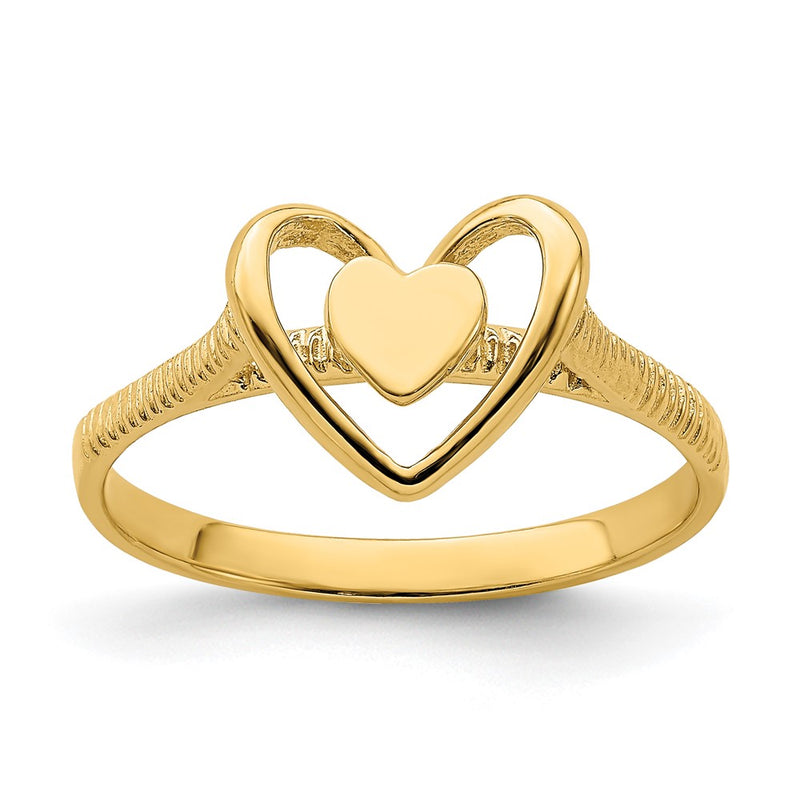 14K Gold Polished Textured Heart w/ Heart Frame Ring
