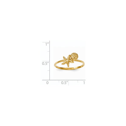 14K Yellow Gold Polished Starfish & Sand Dollar Ring