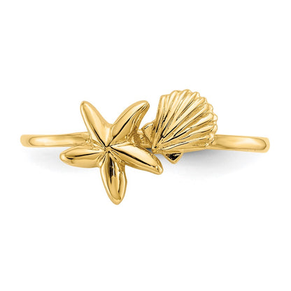 14K Yellow Gold Polished Shell & Starfish Ring