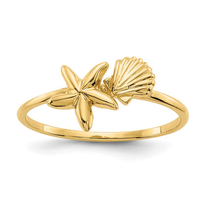 14K Yellow Gold Polished Shell & Starfish Ring