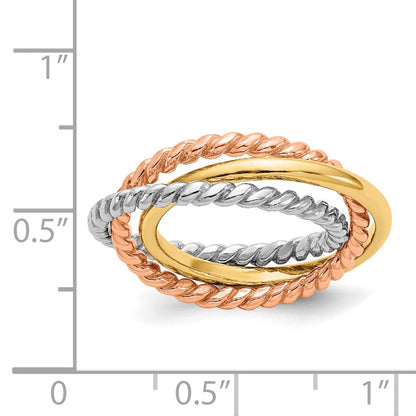 14k Tri-color Gold Rope Polished 3-band Interlocking Ring