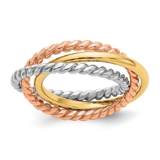 14k Tri-color Gold Rope Polished 3-band Interlocking Ring