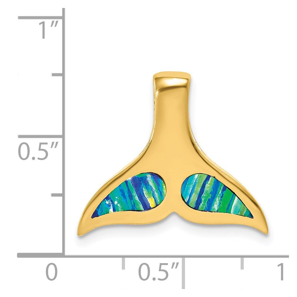 14k Yellow Gold Polished w/Imitation Blue Opal Whale Tail Slide