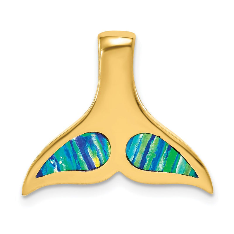 14k Yellow Gold Polished w/Imitation Blue Opal Whale Tail Slide