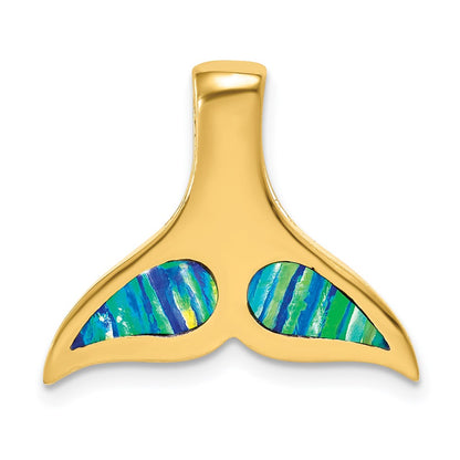 14k Yellow Gold Polished w/Imitation Blue Opal Whale Tail Slide